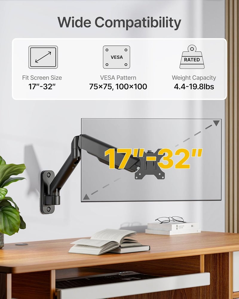 Montek حامل حائط لشاشة واحدة بحجم 17 إلى 32 بوصة للشاشات المسطحة/المنحنية، يتحمل حتى 19.8 رطل، ذراع شاشة ميكانيكي قابل للتعديل بحركة كاملة، 75x75/100x100 VESA، أسود - Image 2